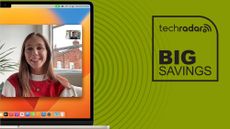 silver laptop with woman on screen against green background