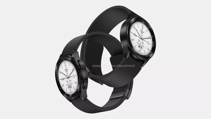 Renders of the Samsung Galaxy Watch 6 Classic in black on a white backfground