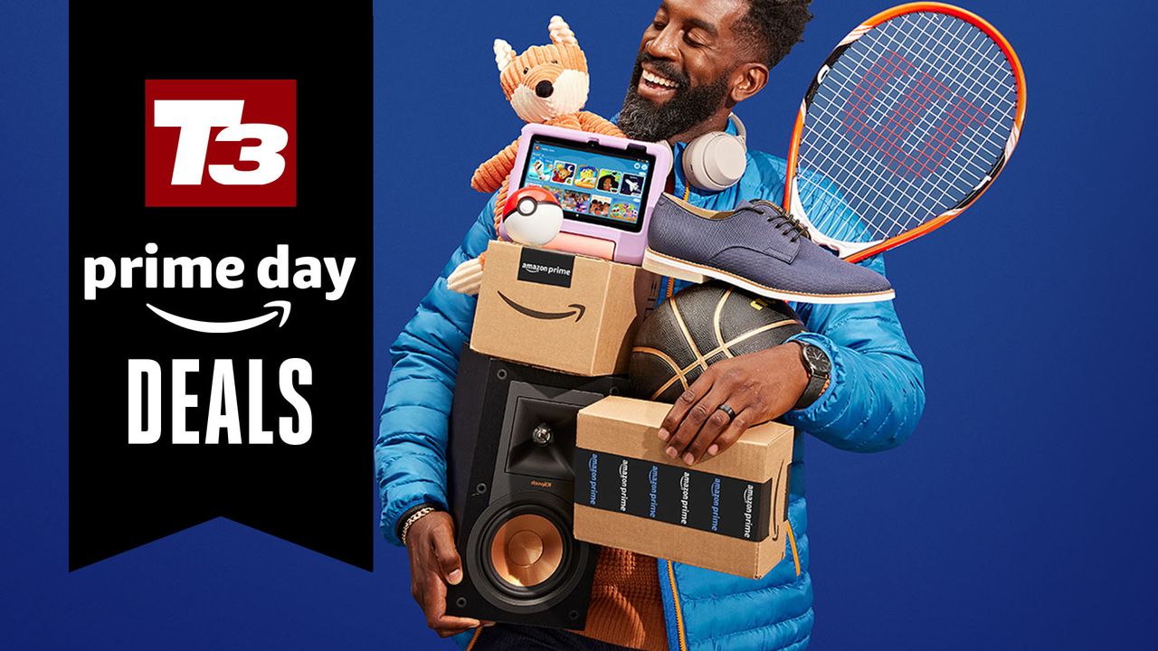 Amazon Prime Day in October hero image showing man holding lots of products he had bought