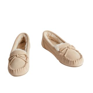 Best slippers for women:M&S Suede Bow Faux Fur Lined Moccasin Slippers 