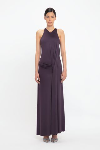 Sleeveless Drape Front Gown in Fig