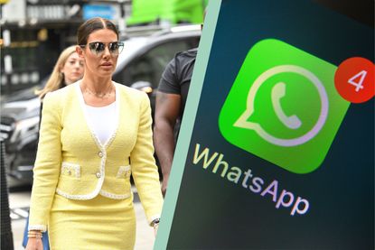 A collage of Rebekah Vardy and a Whatsapp icon on a phone screen