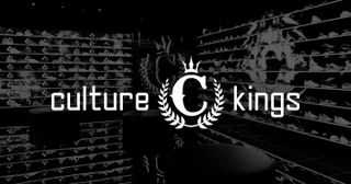Black background with faded rows of shoes behind with Culture Kings logo in front in white
