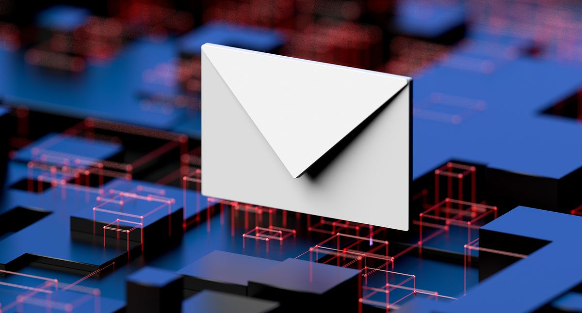 Abstract image showing an envelope floating above digital blocks to symbolise phishing emails