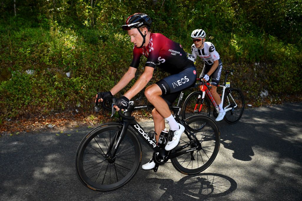SAINTVULBAS FRANCE AUGUST 08 Tao Geoghegan Hart of The United Kingdom and Team INEOS Martin Salmon of Germany and Team Sunweb during the 32nd Tour de LAin 2020 Stage 2 a 141km stage from Lagnieu to Llex MontsJura 896m tourdelain TOURDELAIN TDA on August 08 2020 in SaintVulbas France Photo by Justin SetterfieldGetty Images
