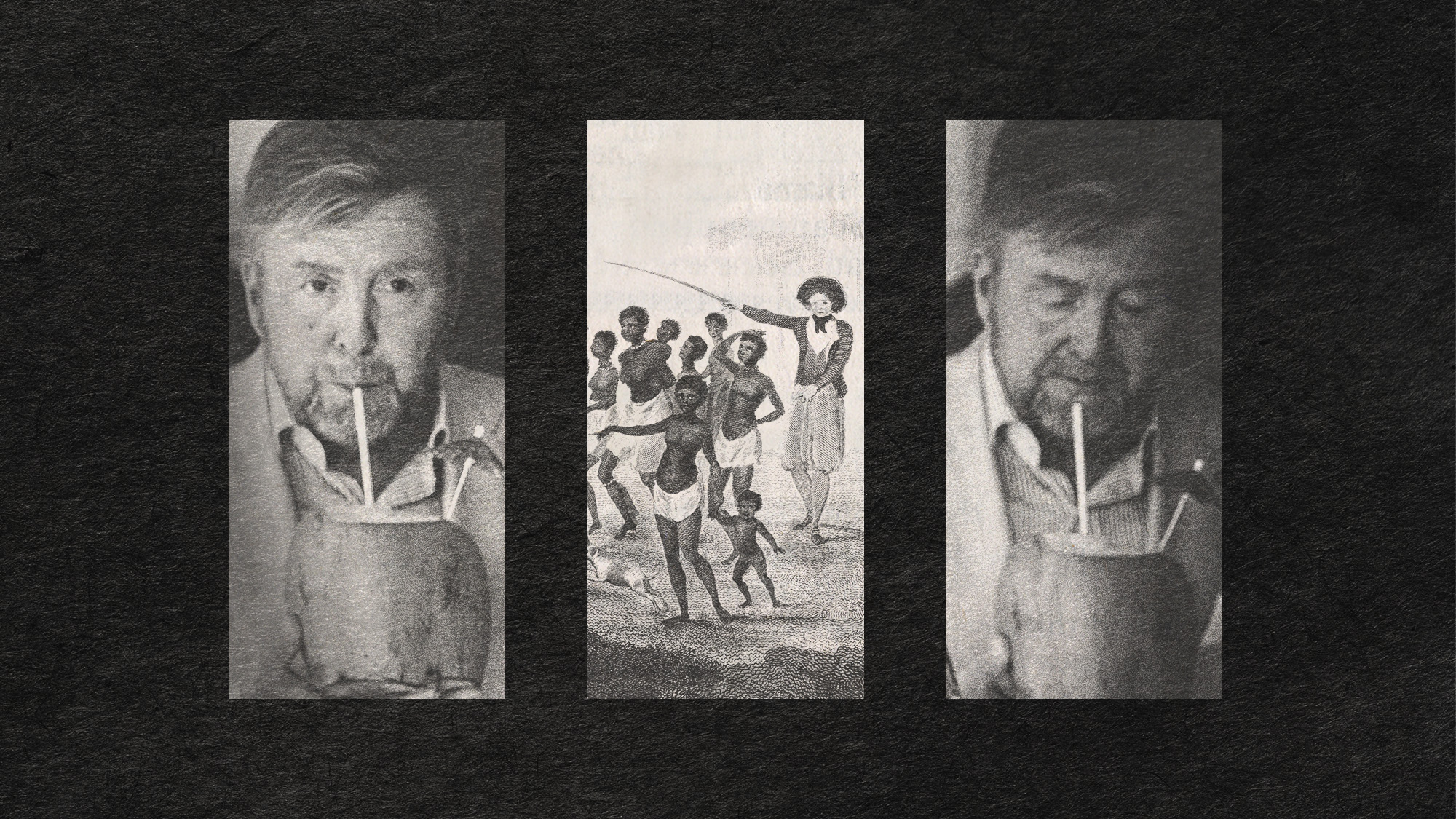 Photo collage of King Willem-Alexander drinking from a coconut, and an antique illustration of people enslaved by the Dutch arriving in Suriname