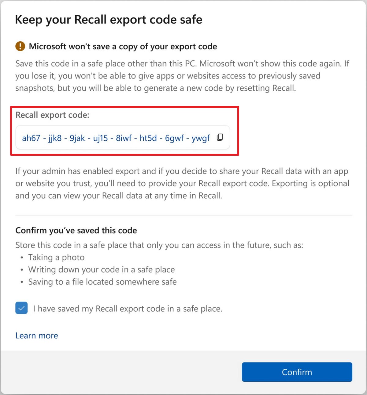 Recall export code