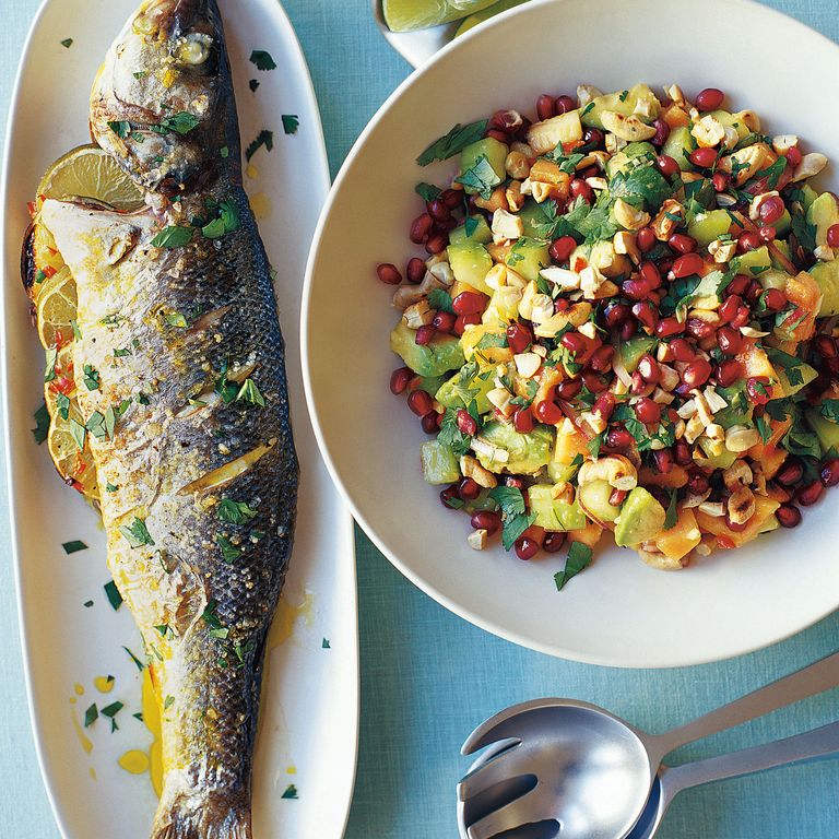 Baked Seabass with Avocado and Pomegranate Salad Recipe-recipe ideas-new recipes-woman and home