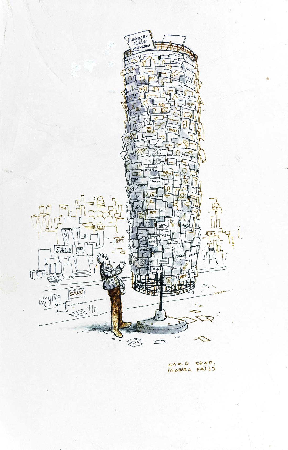 Absurd art; a man chooses from a towering stack of postcards