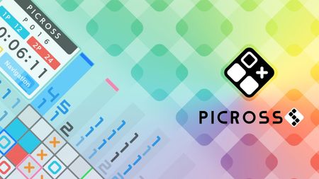 Picross S+ graphic showcasing a colorful background and a preview of the game board, with squares, a timer, and the numbers surrounding each row and column