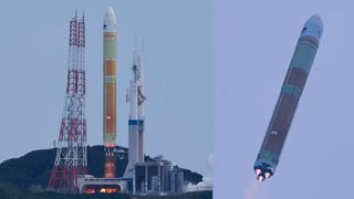 A Japanese H3 rocket launches in side-by-side images at the launchpad and in flight.
