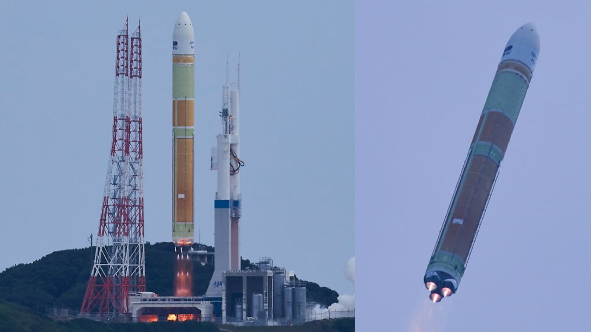 A Japanese H3 rocket launches in side-by-side images at the launchpad and in flight.