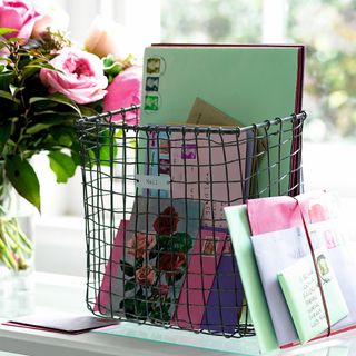 metal letter basket with pink roses and letters