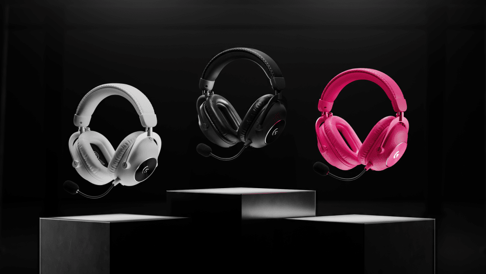 A group of three Logitech headsets.