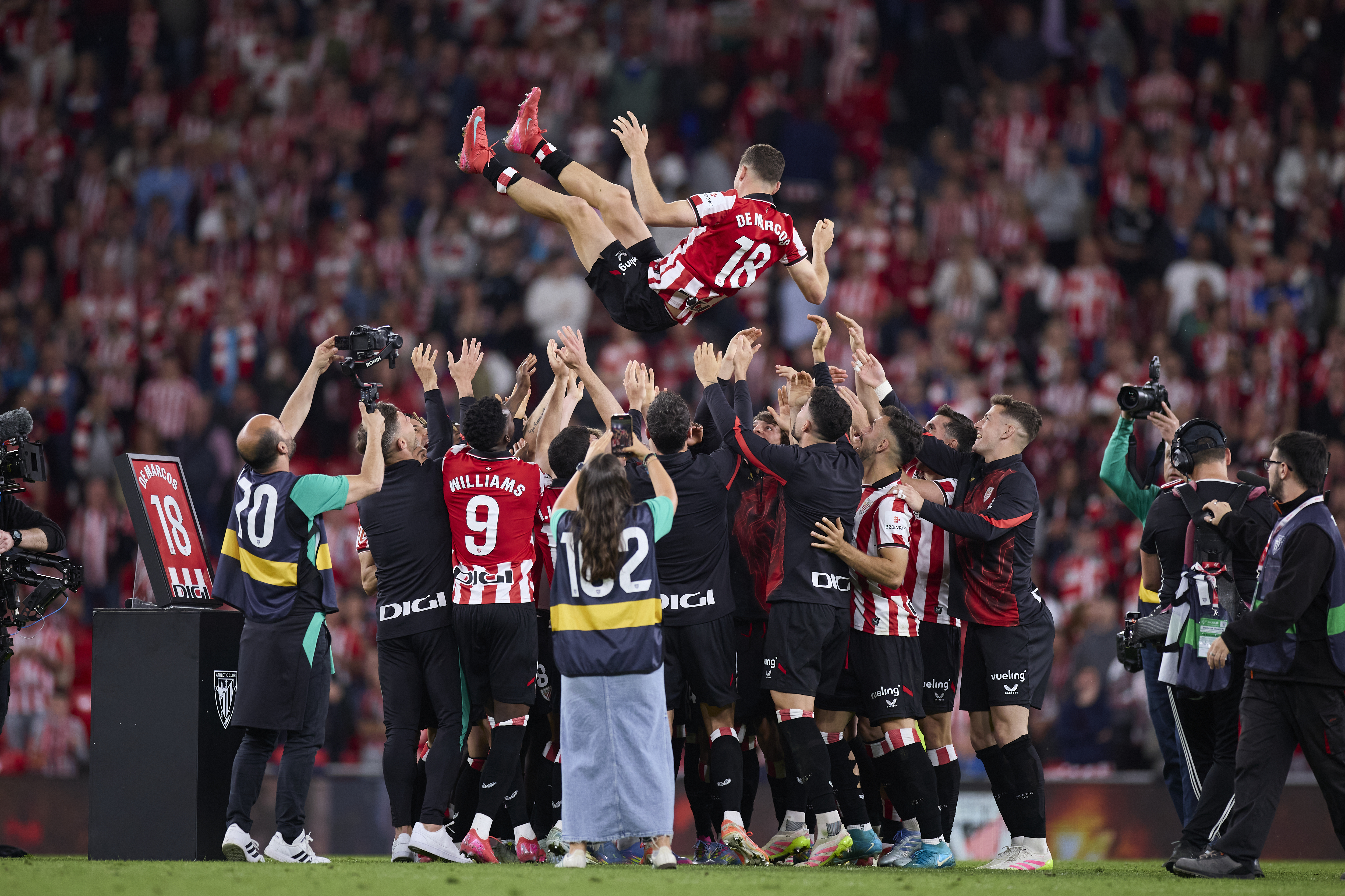Oscar de Marcos is thrown into the air by his Athletic Club team-mates after his final appearance for the Bilbao side, at home to Barcelona in La Liga in May 2025.
