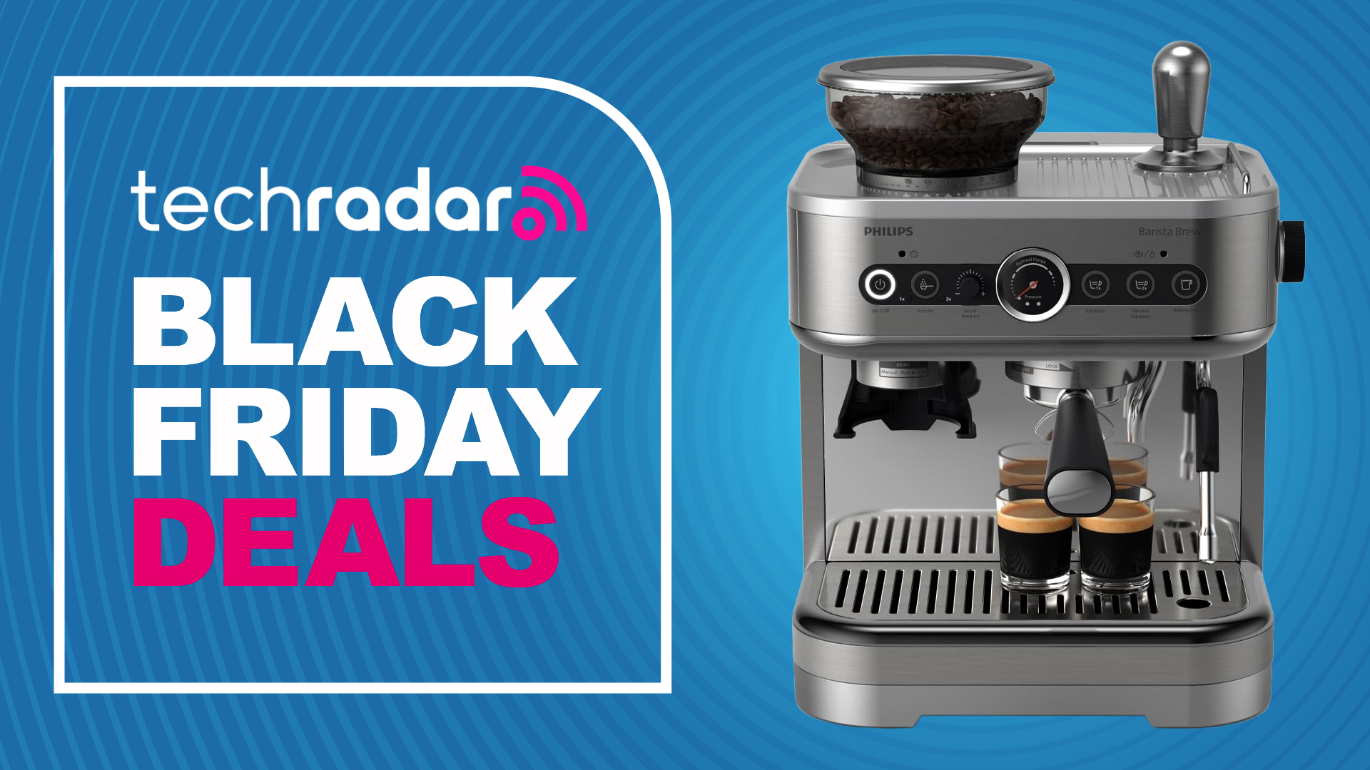 Philips coffee maker on blue background with text 'TechRadar Black Friday Deals'