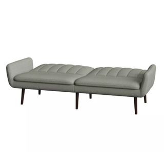 A gray sofa bed with the sides laid down on a white background.