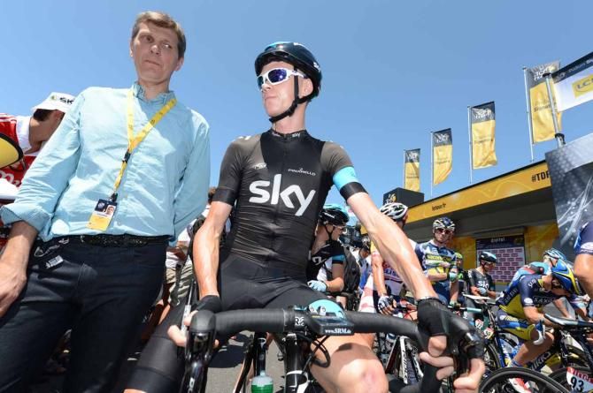 Chris Froome flanked by Sky press officer Chris Haynes.