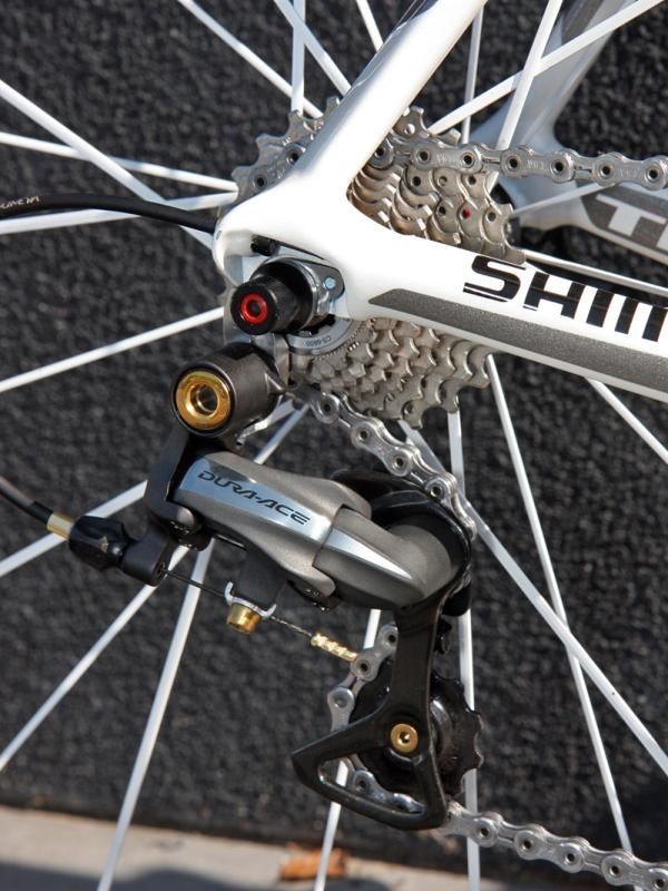 Fabian Cancellara's (Leopard Trek) Shimano Dura-Ace rear derailleur gets the Yumeya treatment for Paris-Roubaix.