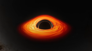 a series of spaghetti-like orange rings surround a black orb
