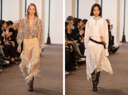 Left, model wears tassel beige trousers and a v-neck blouse. Right, model wears a cut out lace dress