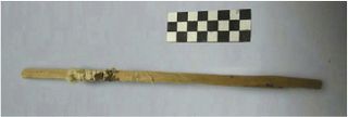 One of the personal hygiene sticks found at the Xuanquanzhi site. The stick is wrapped with cloth at one end and there are traces of brown material, human feces.