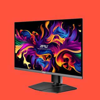 MSI's OLED gaming monitor on a red background.