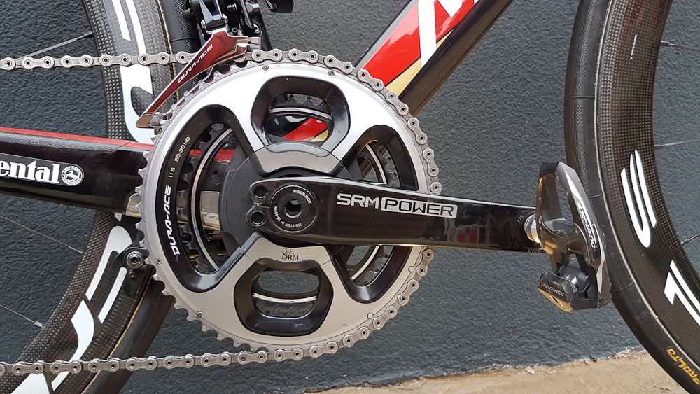 Paired with the Dura-Ace groupset is a SRM Origin power meter crankset with Dura-Ace 9000 series chain rings