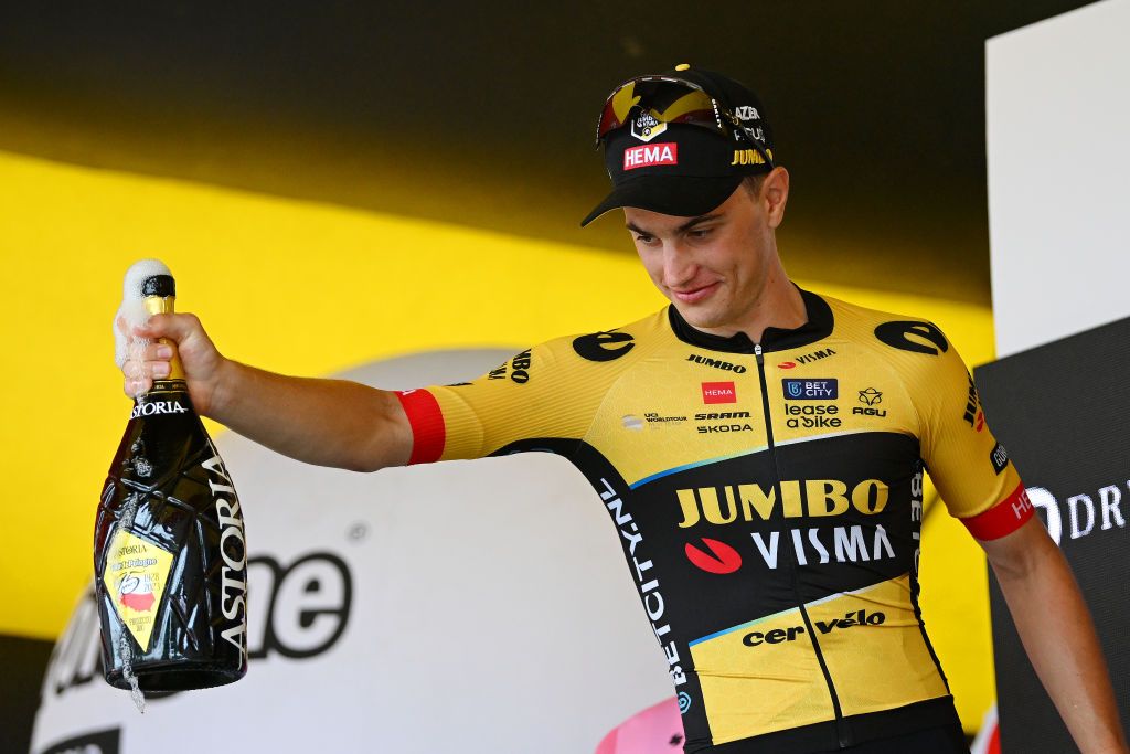 OPOLE POLAND AUGUST 01 Olav Kooij of The Netherlands and Team JumboVisma celebrates at podium as stage winner during the 80th Tour de Pologne 2023 Stage 4 a 1991km stage from Strzelin to Opole UCIWT on August 01 2023 in Opole Poland Photo by Dario BelingheriGetty Images