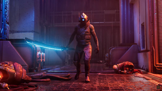 The ascent cyber heist dlc. a cyberpunk mercenary soldier with a long curved sword. the sword has a glowing neon edge on its blade.