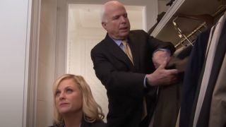 Leslie sitting in a coat closet and John McCain grabbing his coat on Parks and Recreation