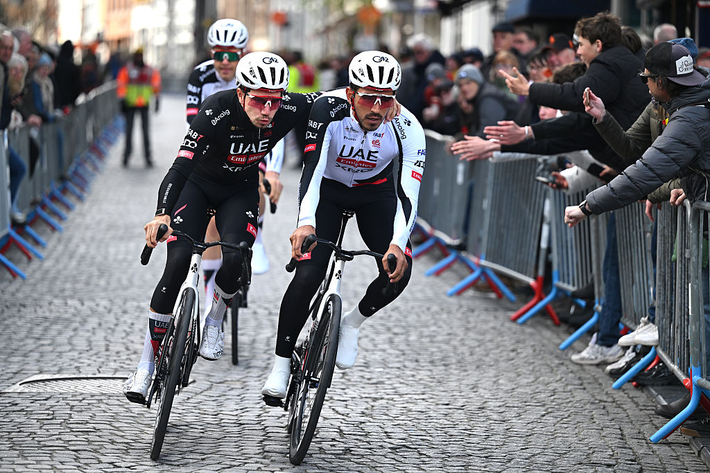BRUGES, BELGIUM - MARCH 25: (L-R) Rui Oliveira of Portugal and Juan Sebastian Molano of Colombia and UAE Team Emirates - XRG prior to the 50th Ronde Van Brugge - Tour of Bruges 2026 - Men&amp;amp;apos;s Elite a 202.9km one day race from Bruges to Bruges / #UCIWT / on March 25, 2026 in Bruges, Belgium. (Photo by Luc Claessen/Getty Images)