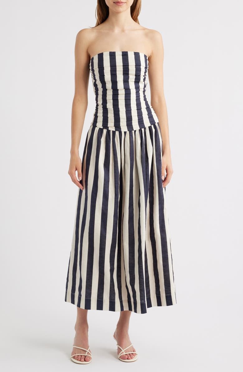 Stripe Ruched Strapless Midi Dress