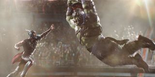 Thor flies toward Hulk in Thor: Ragnarok