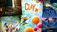 Disney movie posters for Encanto, Tangled, Clay and Wish