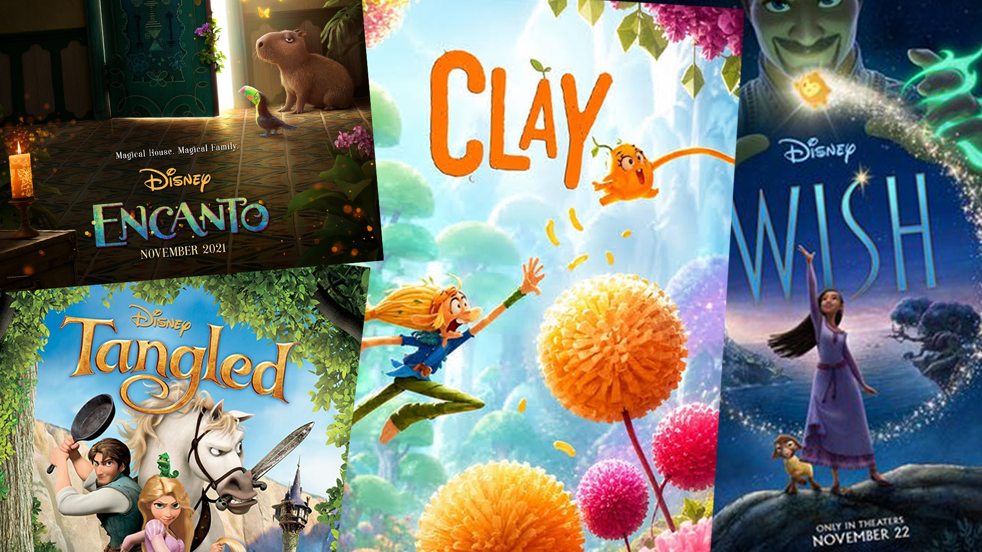 Disney movie posters for Encanto, Tangled, Clay and Wish