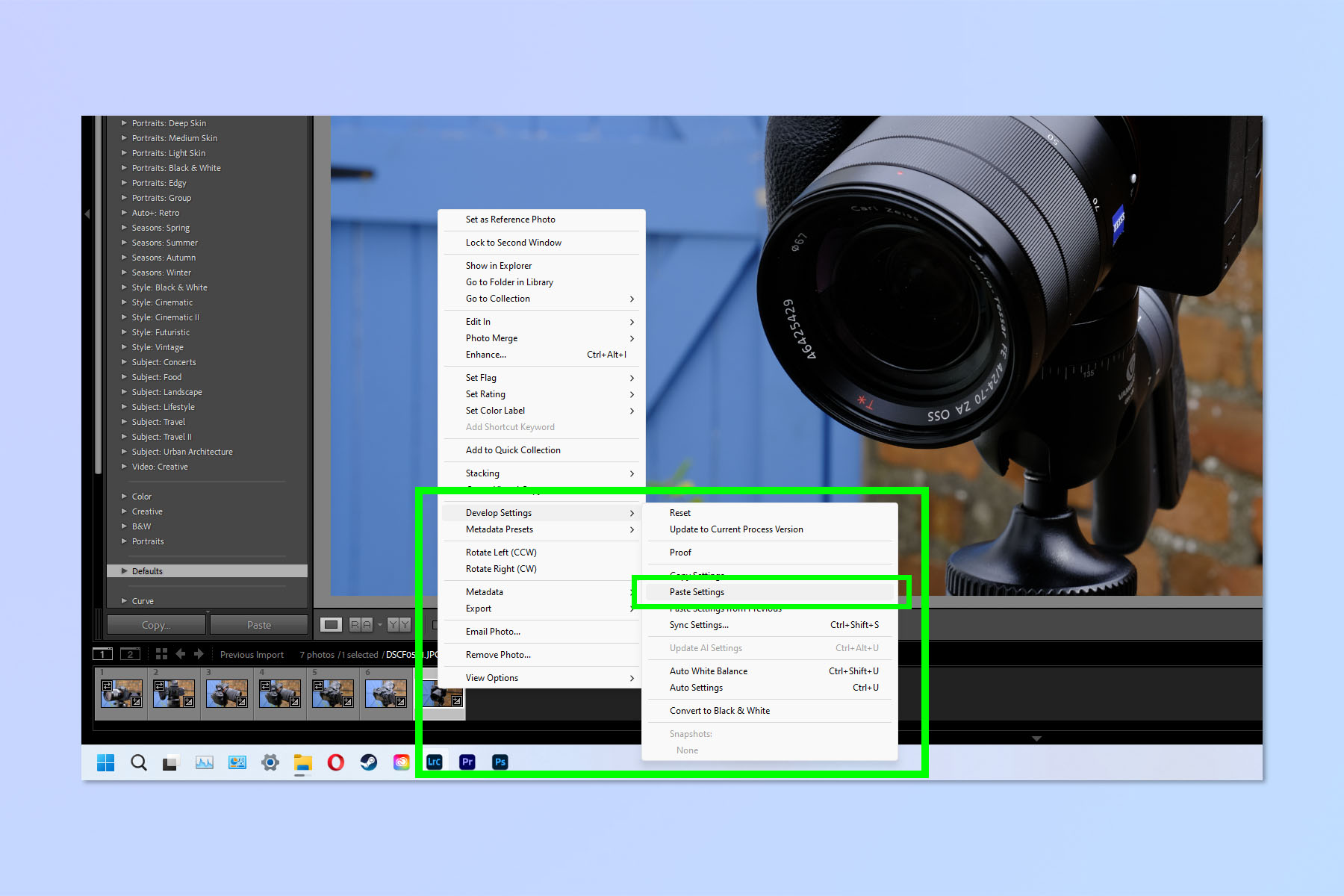 Снимок экрана, показывающий, как копировать и вставлять изменения изображения в Adobe Lightroom Classic.