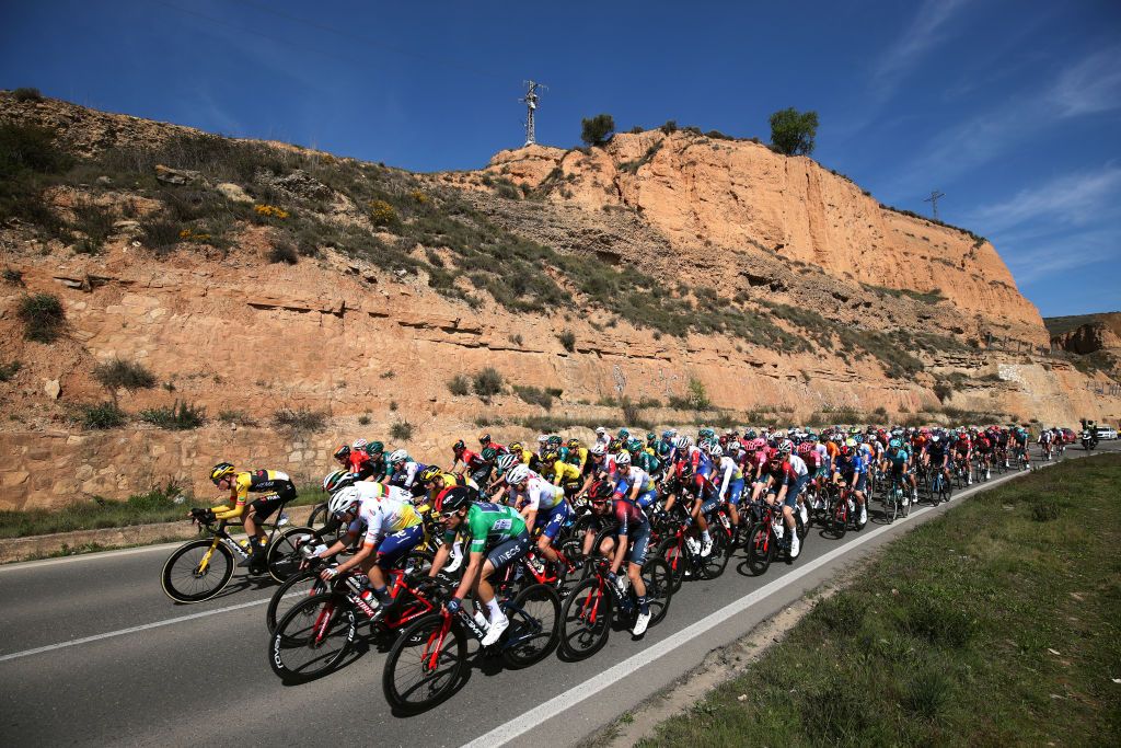 VIANA SPAIN APRIL 05 Gijs Leemreize of Netherlands and Team Jumbo Visma Cristian Rodrguez Martin of Spain and Team Total Energies Geraint Thomas of United Kingdom Green Points Jersey Adam Yates of United Kingdom and Team INEOS Grenadiers and a general view of the peloton competing during the 61st Itzulia Basque Country 2022 Stage 2 a 2076km stage from Leitza to Viana 461m itzulia WorldTour on April 05 2022 in Viana Spain Photo by Gonzalo Arroyo MorenoGetty Images
