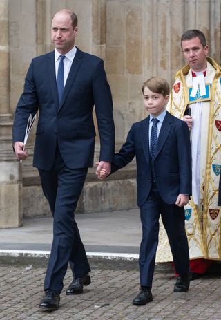 Prince William, Duke of Cambridge, Prince George of Cambridge depart the memorial service for the Duke Of Edinburgh at Westminster Abbey on March 29, 2022 in London, England.