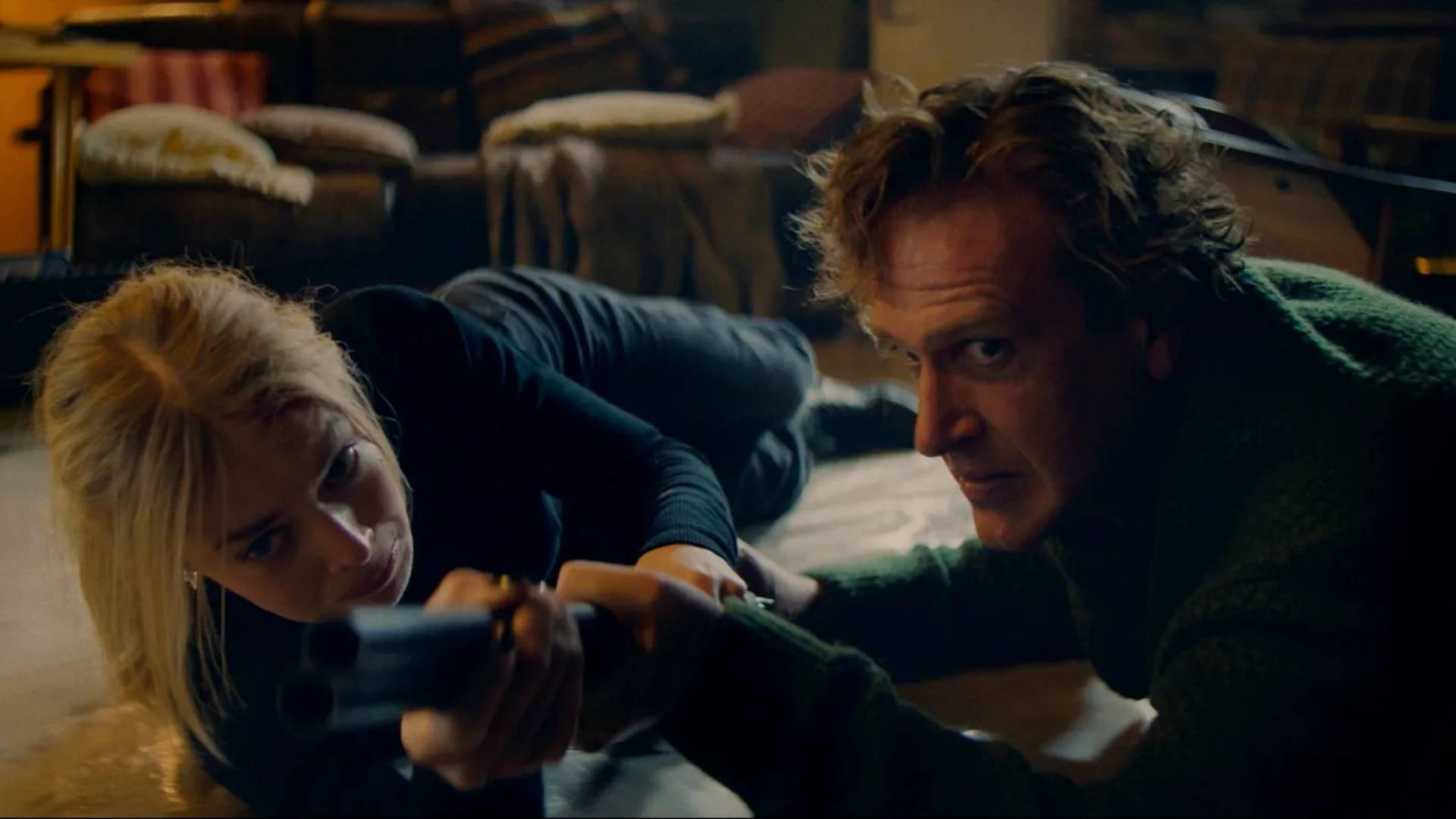 Samara Weaving and Jason Segel in Over Your Dead Body