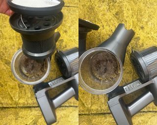 Dust bucket and hepa filter being removed from ultenic cordless vac main body