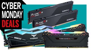A collection of RAM on a colored background, with a Cyber Monday deals logo