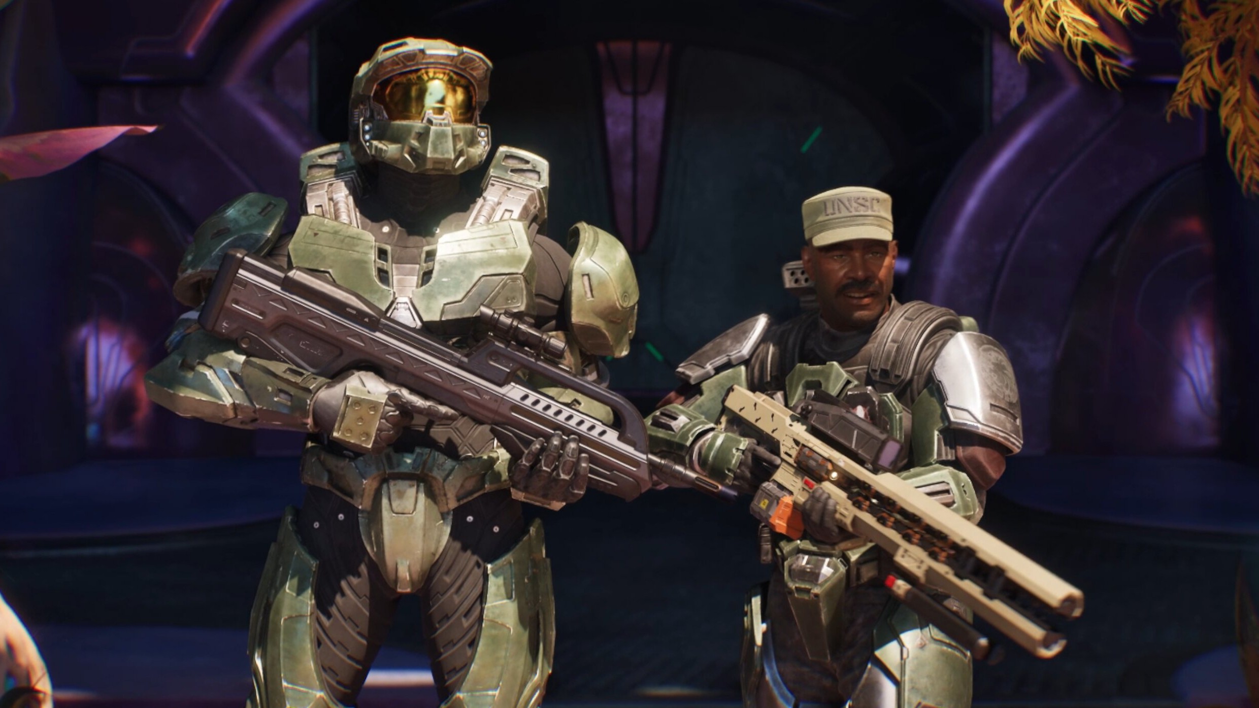 Master Chief and Sergeant Johnson in a cutscene from Halo: Campaign Evolved's Operation: METEORITE levels.