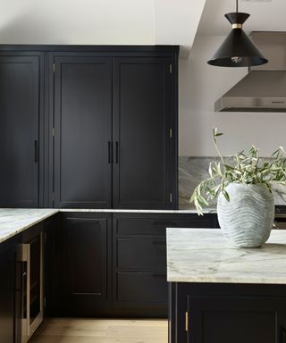 Dark kitchen cabinetry with black and white cabinetry