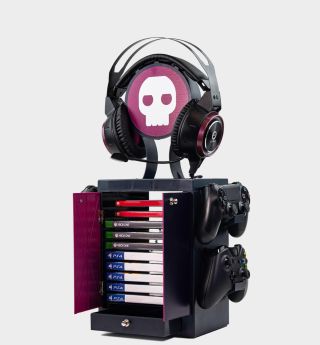 Numskull storage locker with headset, controllers, and games on a plain background