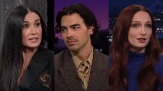 From left to right: Demi Moore on Late Night with Stephen Colbert, Joe Jonas on The Late Late Show With James Corden and Sophie Turner on The Tonight Show.