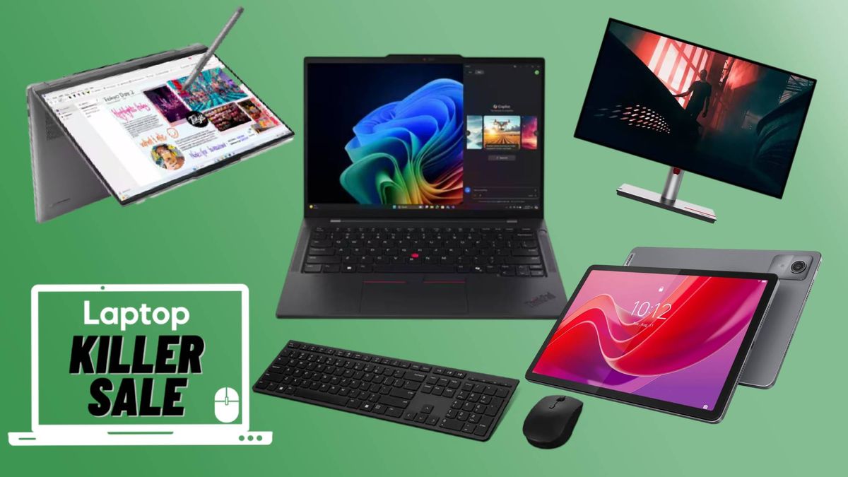 Lenovo sale, ThinkPad X1 Carbon, Lenovo Tab P12, Lenovo Yoga 7, Lenovo MonitorLenovo mouse and keyboard combo against green background