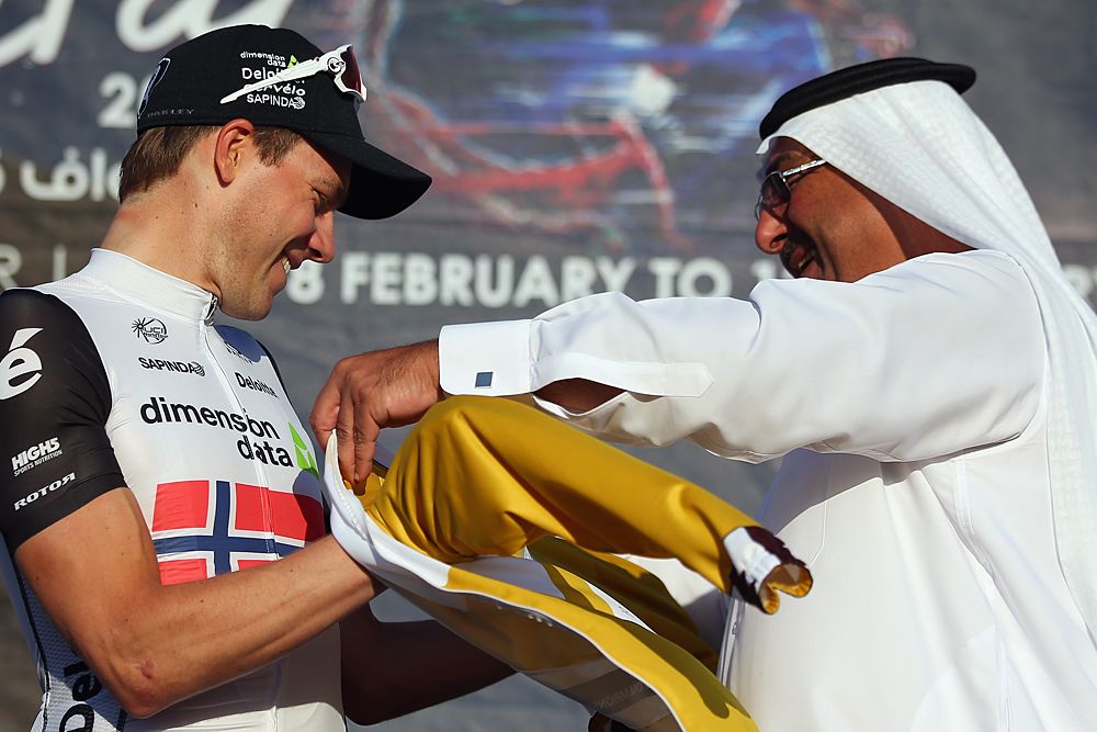 Edvald Boasson Hagen (Dimension Data) award with the leader's jersey at Tour of Qatar