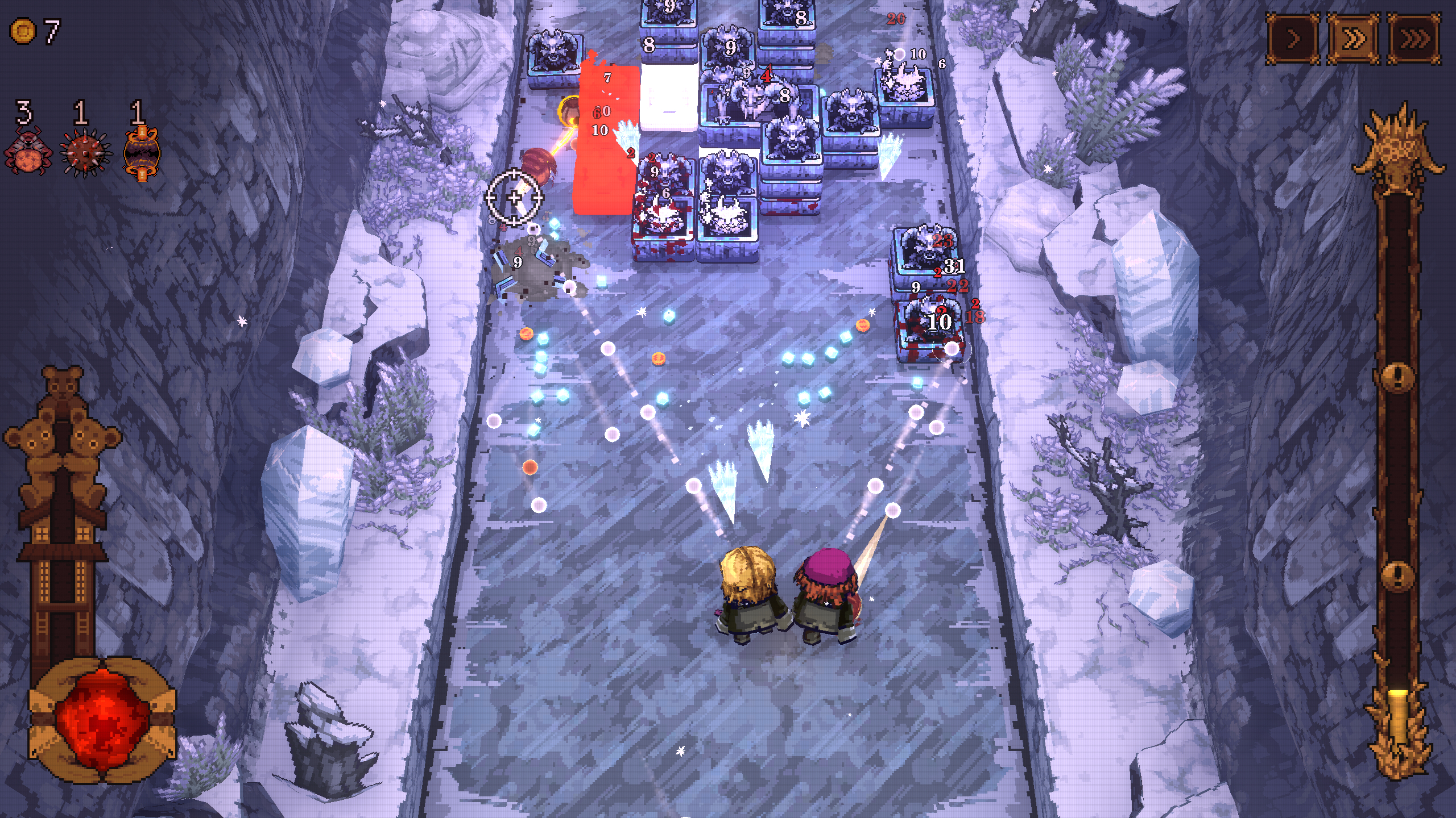 Ball x Pit: Gameplay of two characters firing various balls at enemies in an icy level.