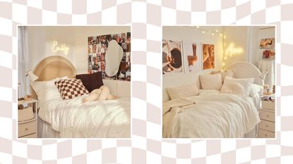 Two dormify headboard lifestyle images on a brown and white checkered graphic